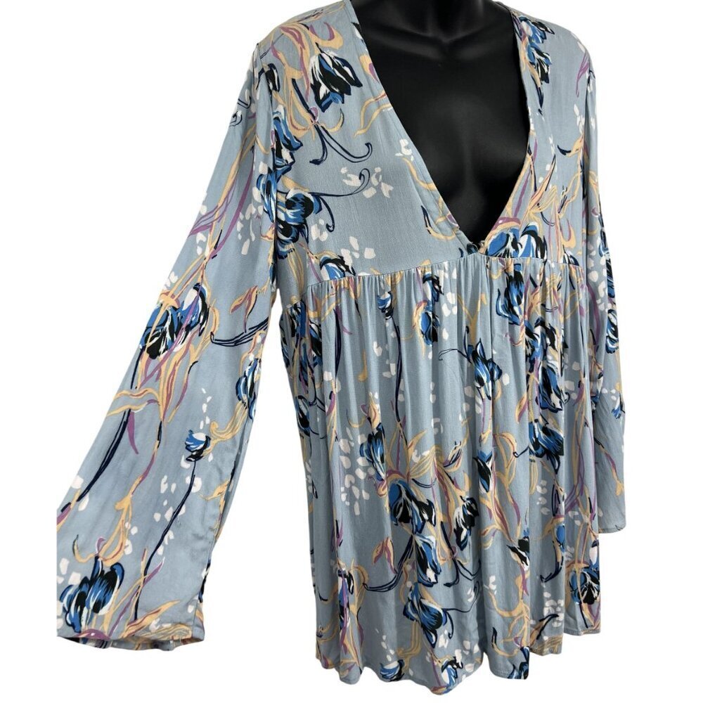 Free People Floral Blouse Top Medium M Gray Blue Pink Women Boho Babydoll VGUC - Picture 4 of 8